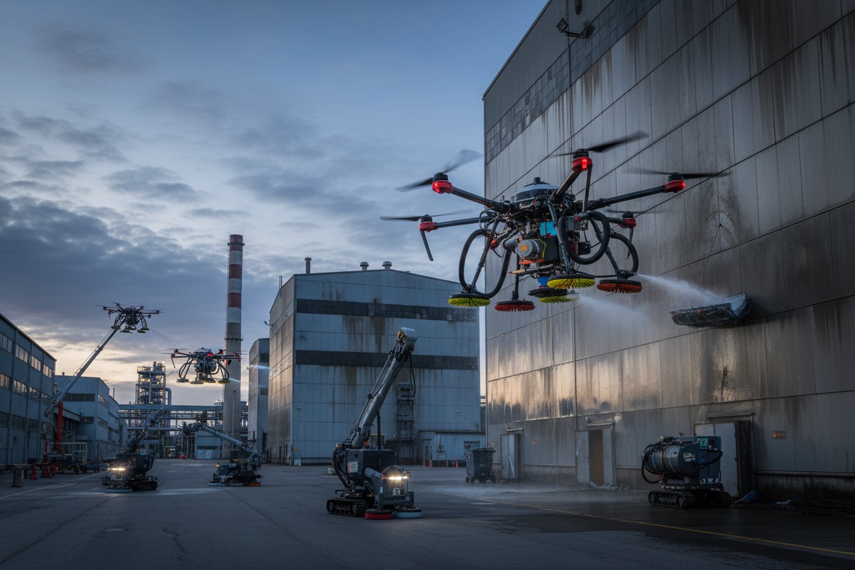 Mehrere Drohnen und bodengebundene Roboter reinigen die Fassade eines Industriegebäudes mit Wasserstrahlen.