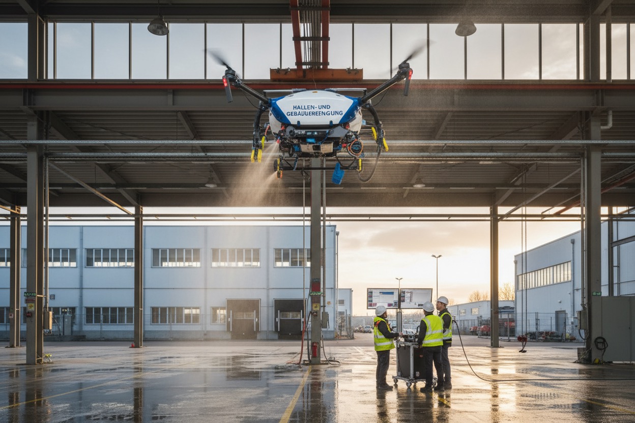 Drei Techniker steuern eine Reinigungsdrohne, die in einer großen Industriehalle Wasser versprüht.